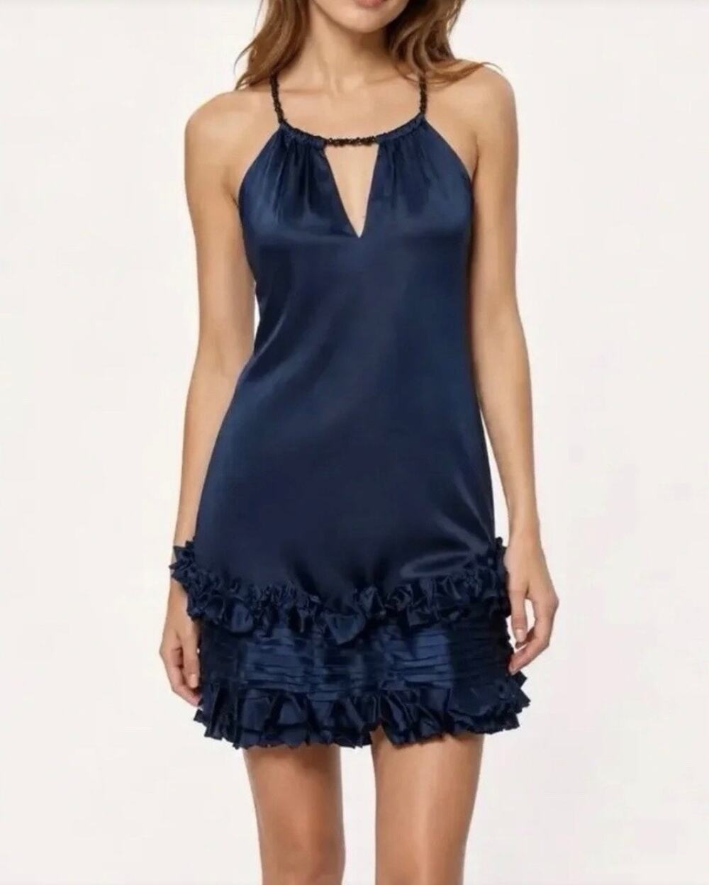 Vintage Y2K BCBGMAXAZRIA 100% Silk Halter Cocktail Mini Dress Navy Blue Size 0